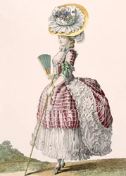 Dupinによって刻まれたポロネーズスタイルのドレスを着た女性、「Galeries des Modes et Costumes Francais」c.1778-87からのプレートno.82